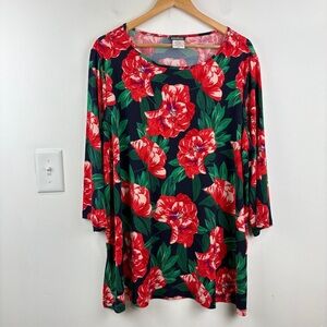 Kim & Co Red Floral Tunic with Relaxed Fit and 3/4 Sleeves